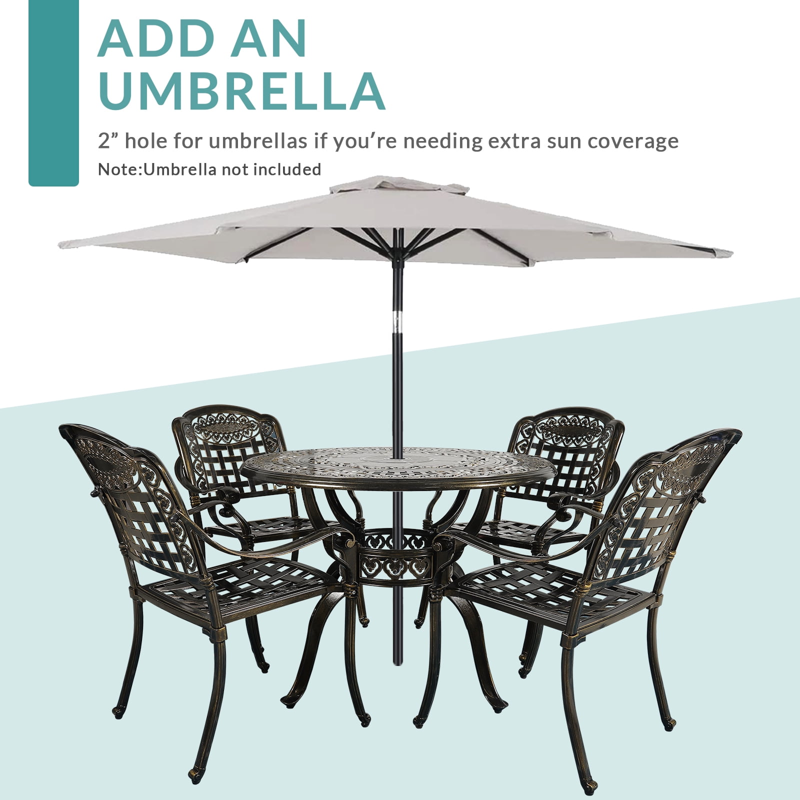 MEETWARM 5 Piece Patio Dining Set, Outdoor All-Weather Cast Aluminum Dining Table Set, Patio Furniture Set for Backyard Garden Deck, Include 4 Chairs and 1 Round Table with Umbrella Hole