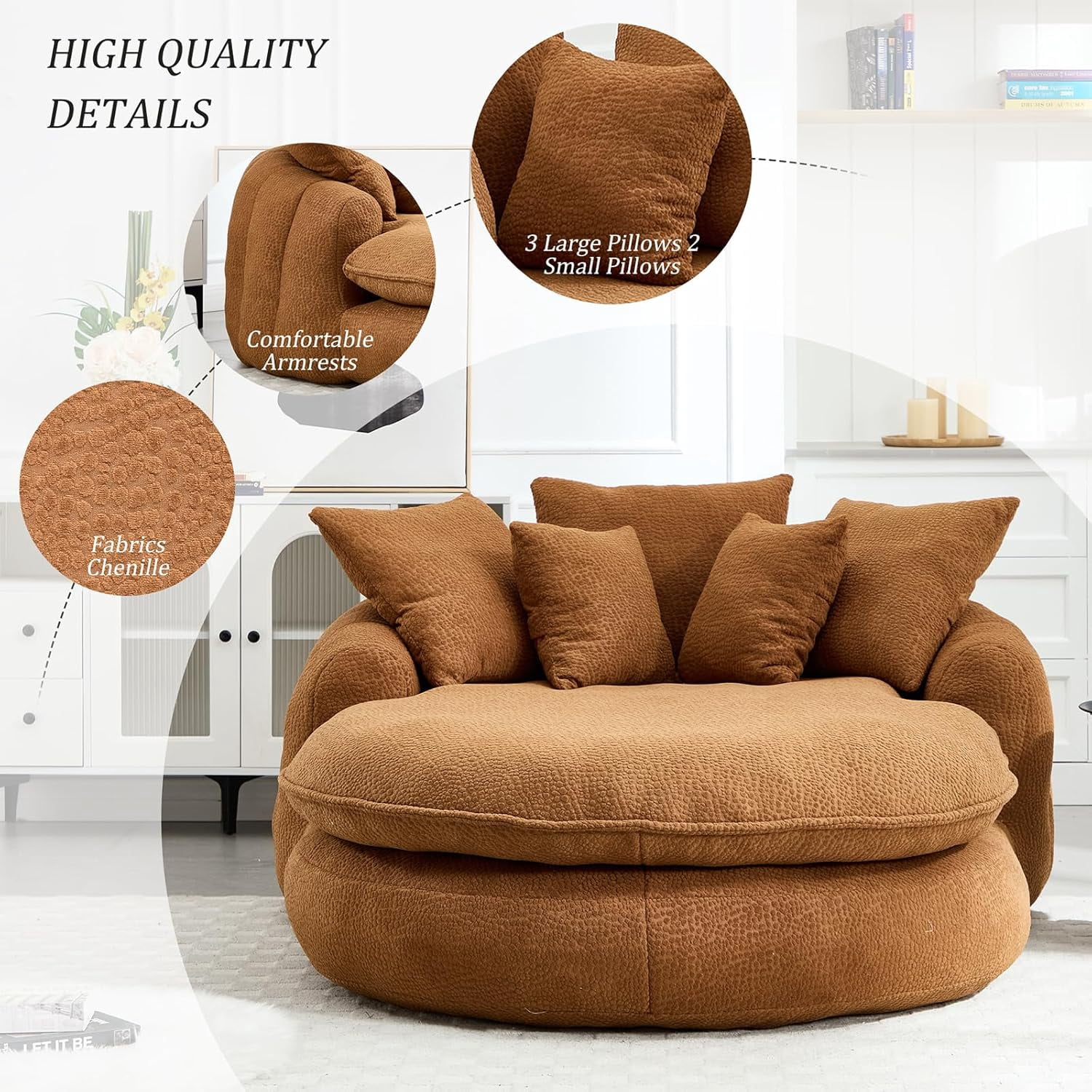 AENKYO Oversized Chenille Bean Bag Sofa with 5 Pillows, Oval Lazy Floor Sofa with Wraparound Backrest for Adults-Brown