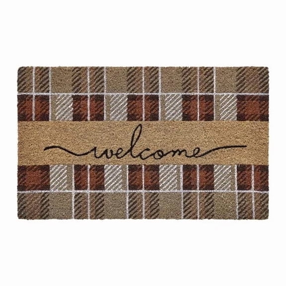 Multicolor Welcome Harvest Plaid Outdoor Coir Doormat, Non‑Slip Backing Coconut Fiber Rug, Fall Autumn Farmhouse Decor Mat for Front Door Porch Entryway