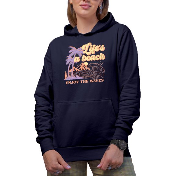 Distressed Retro Life's a Beach, Enjoy the Waves Art Merch Gift, Navy Blue Hooded Sweatshirt or Hoodie, Medium