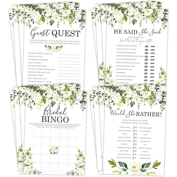 Bridal Shower Bachelorette Games White Rose Floral He Said She Said Would She Rather Bingo 25 Count