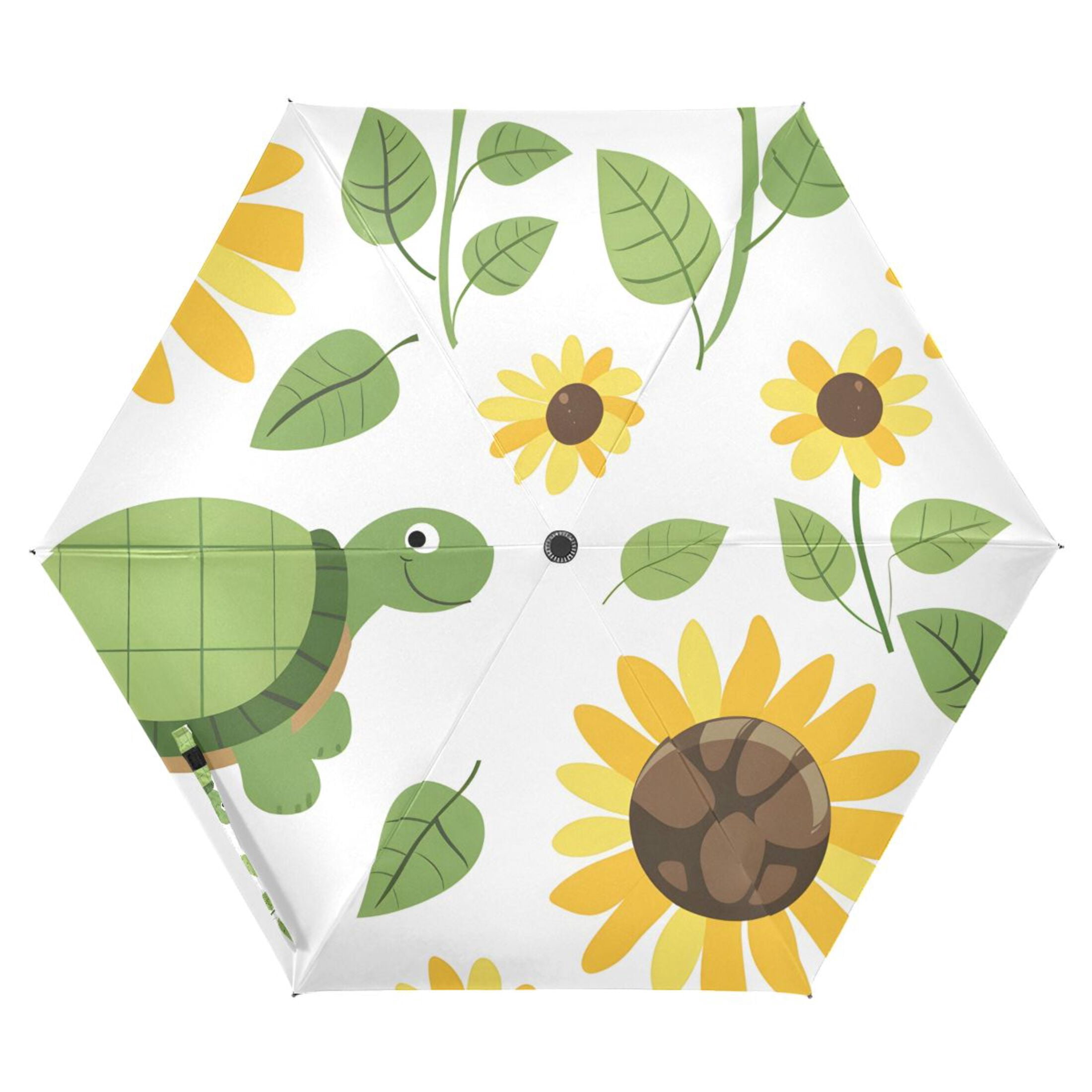 Lovely Turtles Sunflowers and Leaves All Weather Umbrella Triple Folding Parasol 6 Ribs UV Protection Portable