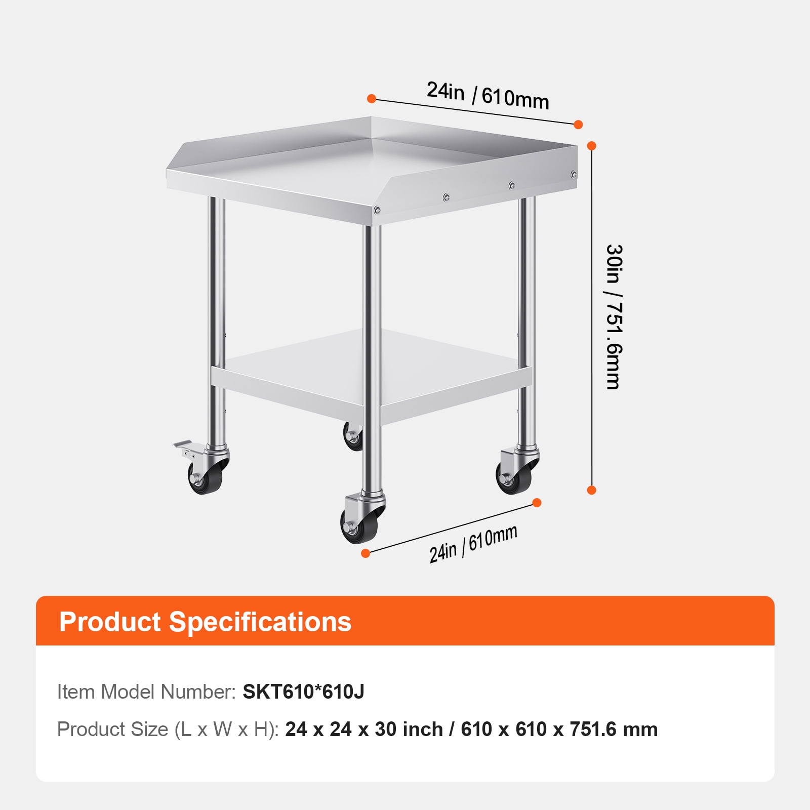 Stainless Steel Work Table, 24 x 24 x 30 Inch Commercial Food Prep Worktable with 4 Wheels, Casters, 3-Sided Backsplash Heavy Duty Prep Worktable, Metal Work Table for Restaurant Home Hotel