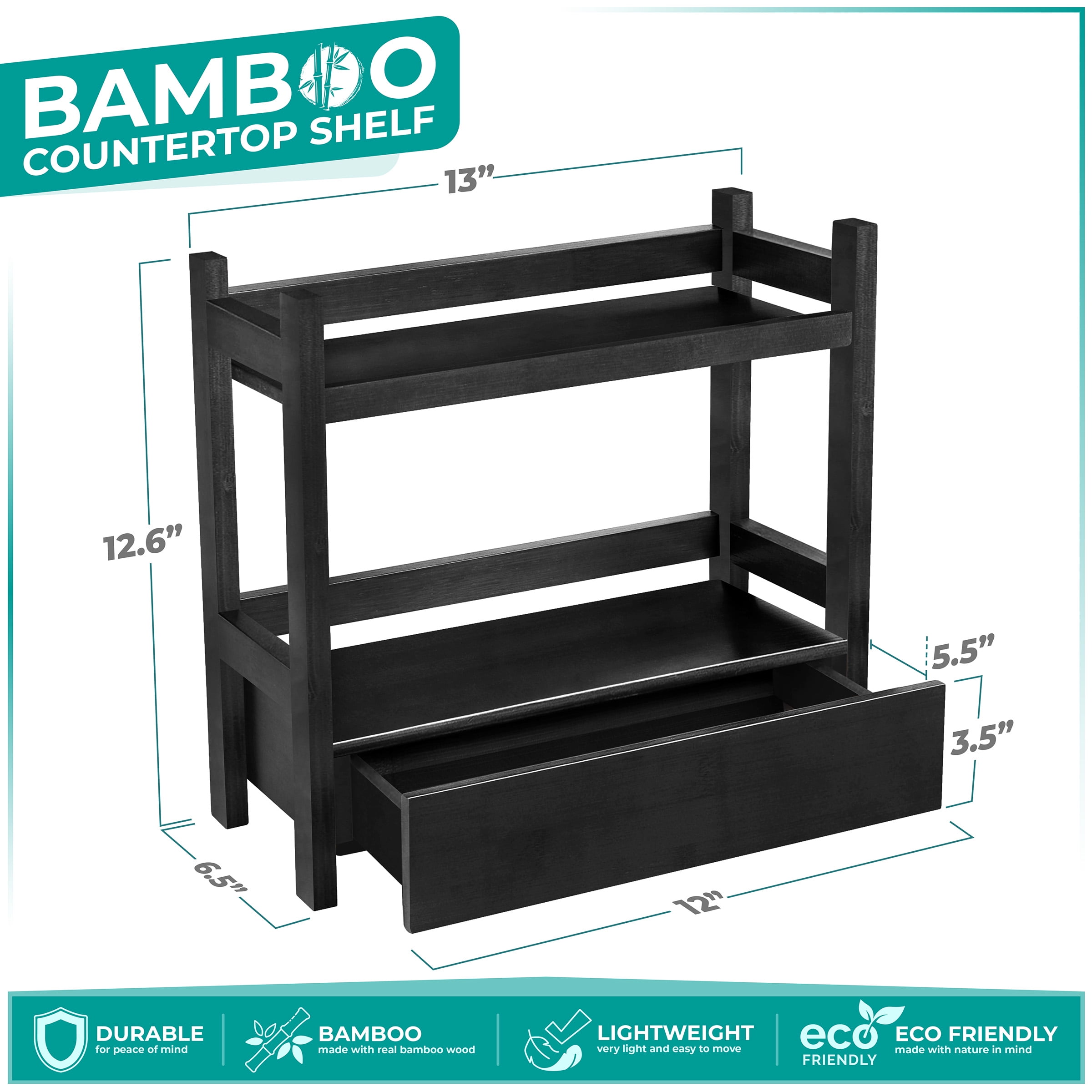 Sorbus 2-Tier 13" Bamboo Kitchen Organizer with Pull-Out Drawer, Black