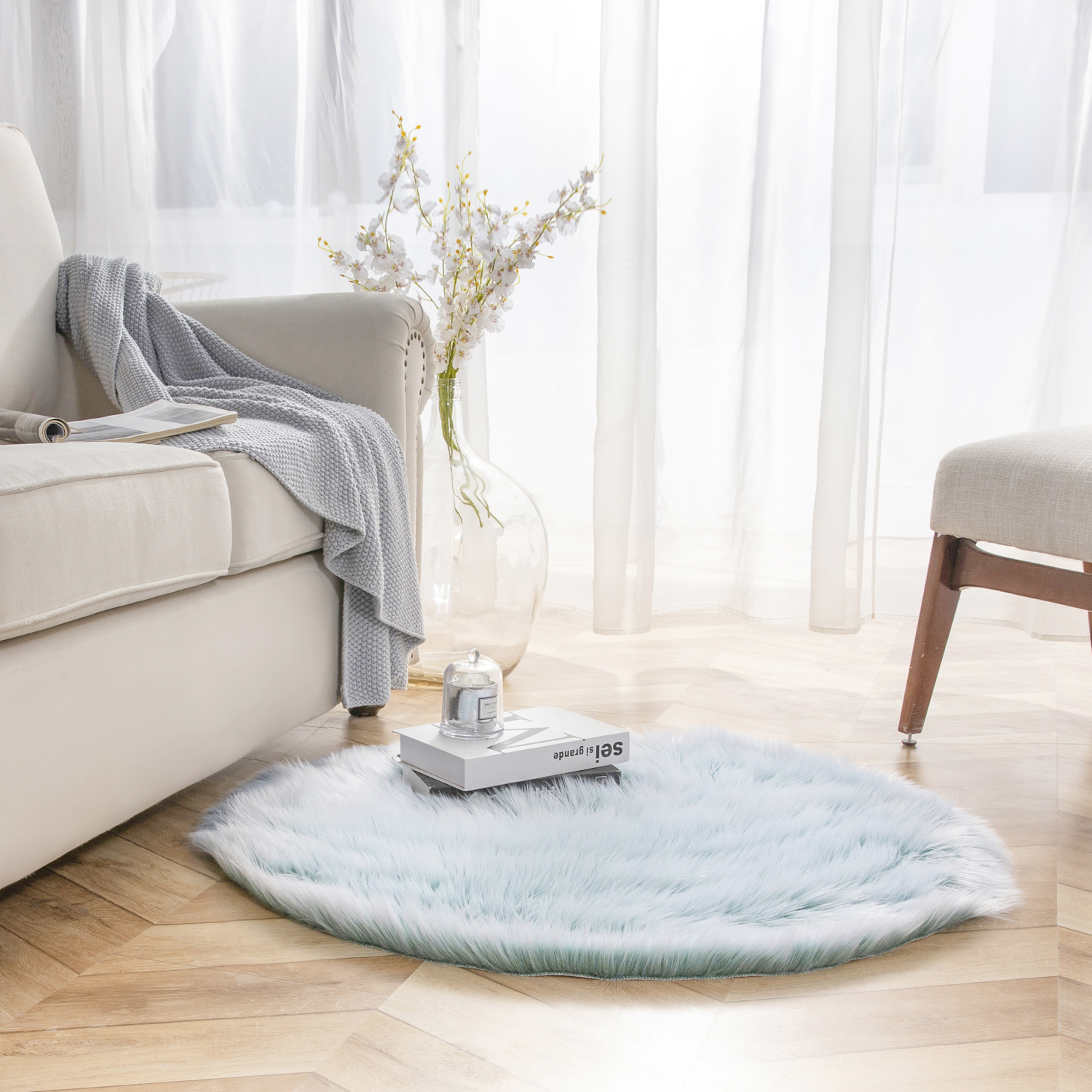 Deluxe Ultra Soft Faux Sheepskin Fur Series Fluffy Decorative Indoor Shag Area Rug, 3 x 3 Feet Round, Turquiose and White, 1 Pack