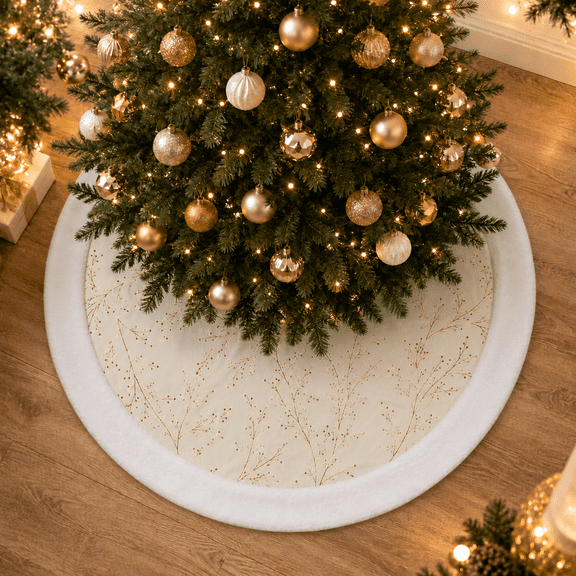White and Gold Christmas Tree Skirt, 36 Inch Round Tree Base Cover with Plush Faux Fur Trim, Gold Branch Pattern and Hook and Loop Closure
