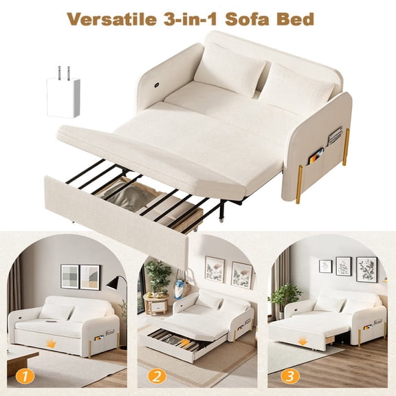 Xinwanna 55" Convertible Futon Sofa Bed, Velvet 3 in 1 Sleeper Sofa, Pull Out Couch with USB Ports & 2 Pillows, Adjustable Backrest Loveseat Sofa, Couches for Living Room, Apartment, Bedroom
