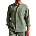 thumbnail image 2 of Mens Striped Summer Shirt Casual Long Sleeve Stand up Collar shirt Linen Cotton Beach Button Down Shirts with Pocket, 2 of 4