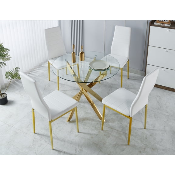 LiviNest 5-Piece Dining Set for Apartments: 23.6-Inch Round Table Seats 4-6 - Space-Saving Mid-Century Design with Glass Top & Gold Legs - White Chairs for Small Dining Room & Living Room