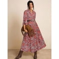 thumbnail image 4 of Coral Orange Paisley Print V-Neck Long Sleeve Maxi Dress With Belted Waist And Relaxed Fit For Women, 4 of 7