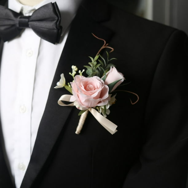 Zhuge Paquete de 2 broches de ramo, ramilletes, flores artificiales clásicas para novios y novias con alfiler, decoración para trajes, ramilletes para hombres, bodas, fiestas, rosa claro
