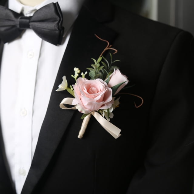 Zhuge Paquete de 2 broches de ramo, ramilletes, flores artificiales clásicas para novios y novias con alfiler, decoración para trajes, ramilletes para hombres, bodas, fiestas, rosa claro