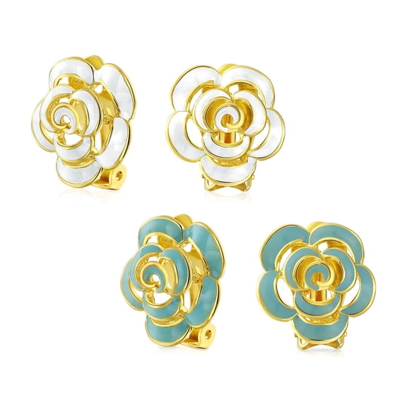 Bling Jewelry Womens Set of 2 Enamel 3D White Blue Rose Flower Clip-On Earrings Button Style Gold Silver Plated
