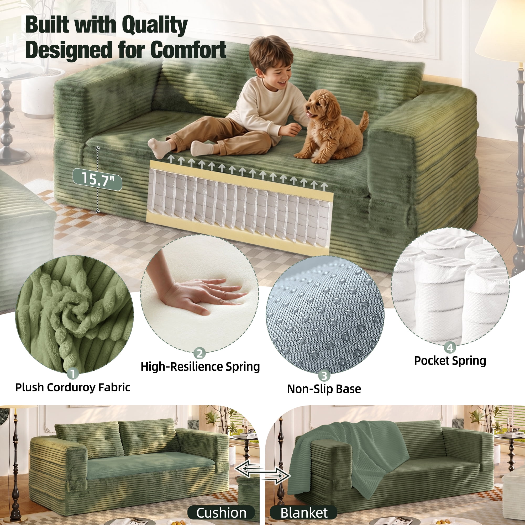 HOQBN 80" King Size Sleeper Sofa Bed, Plush Corduroy Deep Seat Sofa Couch with Independent Chaise and Functional Blanket for Living Room, Bedroom Green