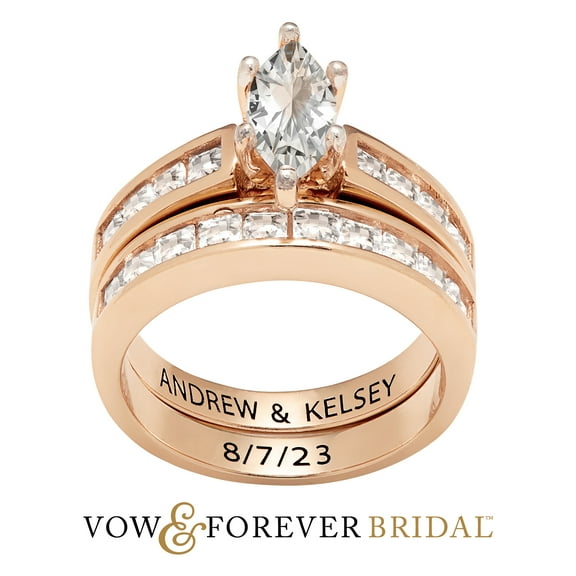 Vow & Forever Personalized Planet Bridal 14K Rose Gold over Sterling Silver Marquise White Topaz 2 Piece Engraved Wedding Set ,Women's
