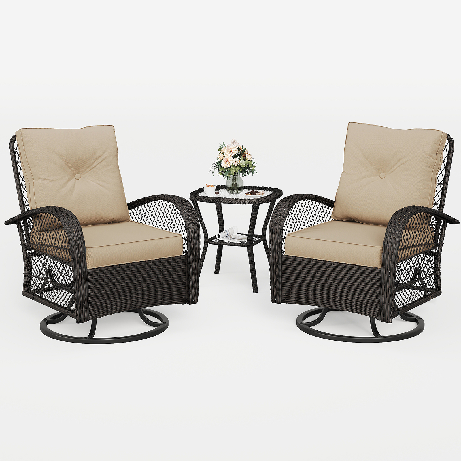 MRUAKA 3 Pieces Patio Furniture Set, Outdoor Swivel Gliders Rocker, Wicker Patio Bistro Set with Rattan Rocking Chair, Glass Top Side Table and Thickened Cushions for Porch Deck Backyard(Khaki)