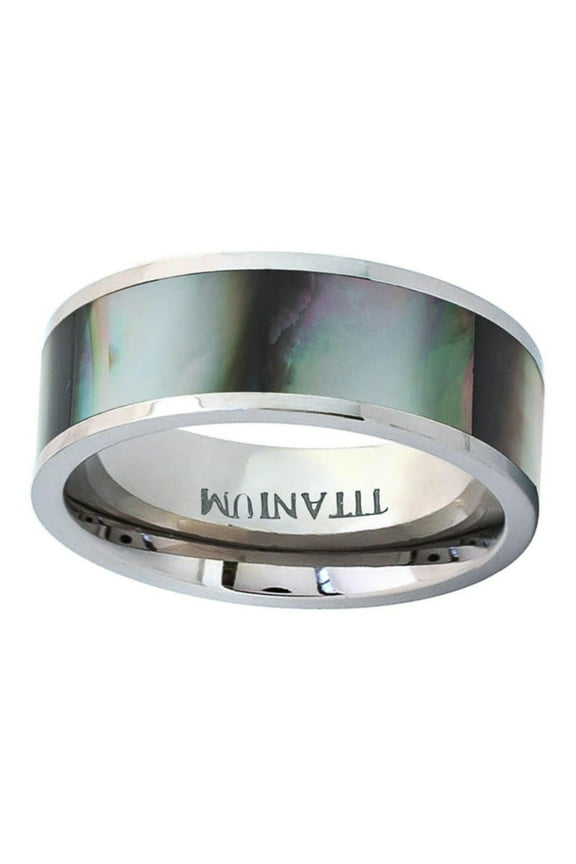 Men Women Titanium Wedding Band Ring 8mm Pipe Cut Black Gradient Abalone Inlay Ring