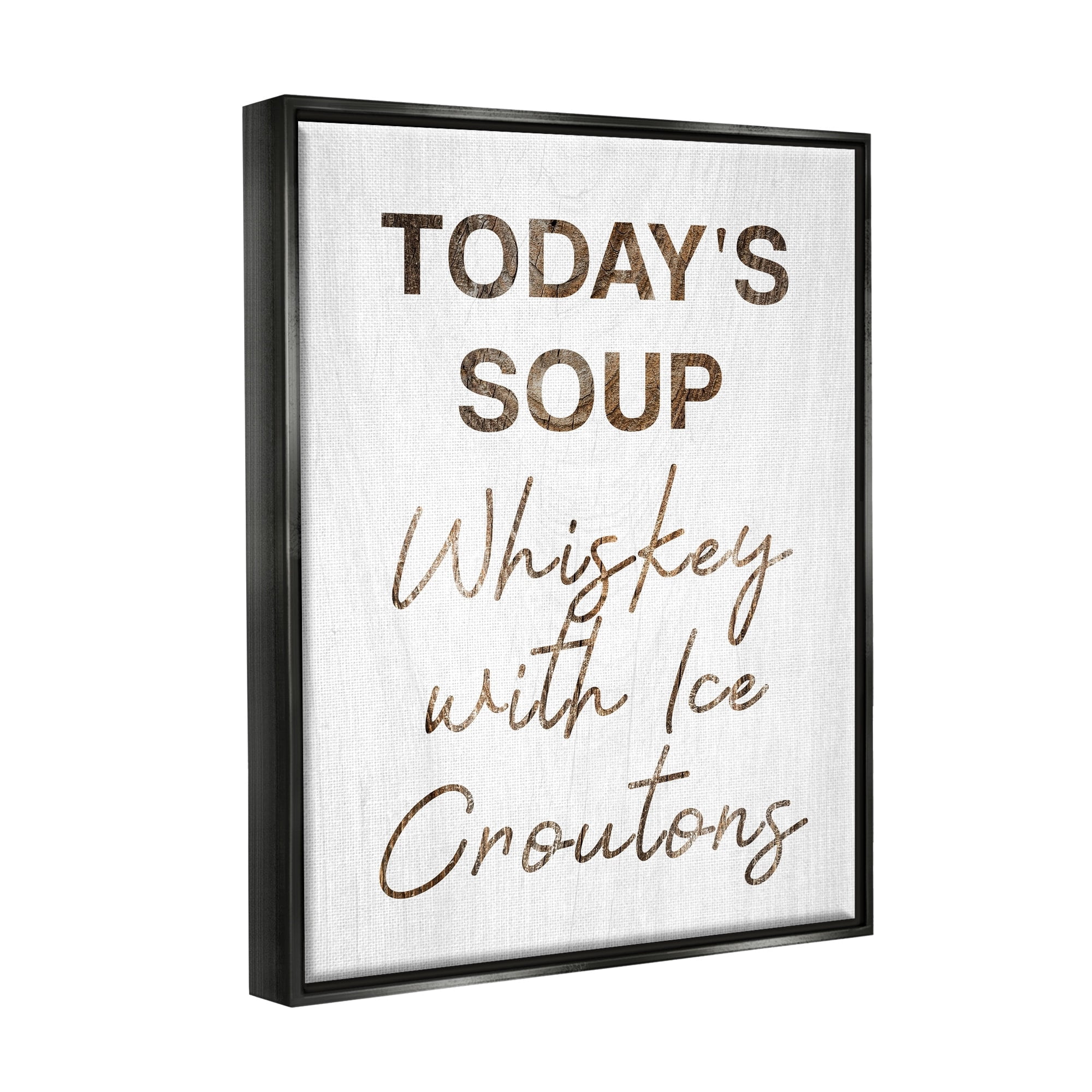 Stupell Industries Whiskey & Ice Croutons Witty Kitchen Cocktail Phrase Graphic Art Jet Black Floating Framed Canvas Print Wall Art, Design by Daphne Polselli