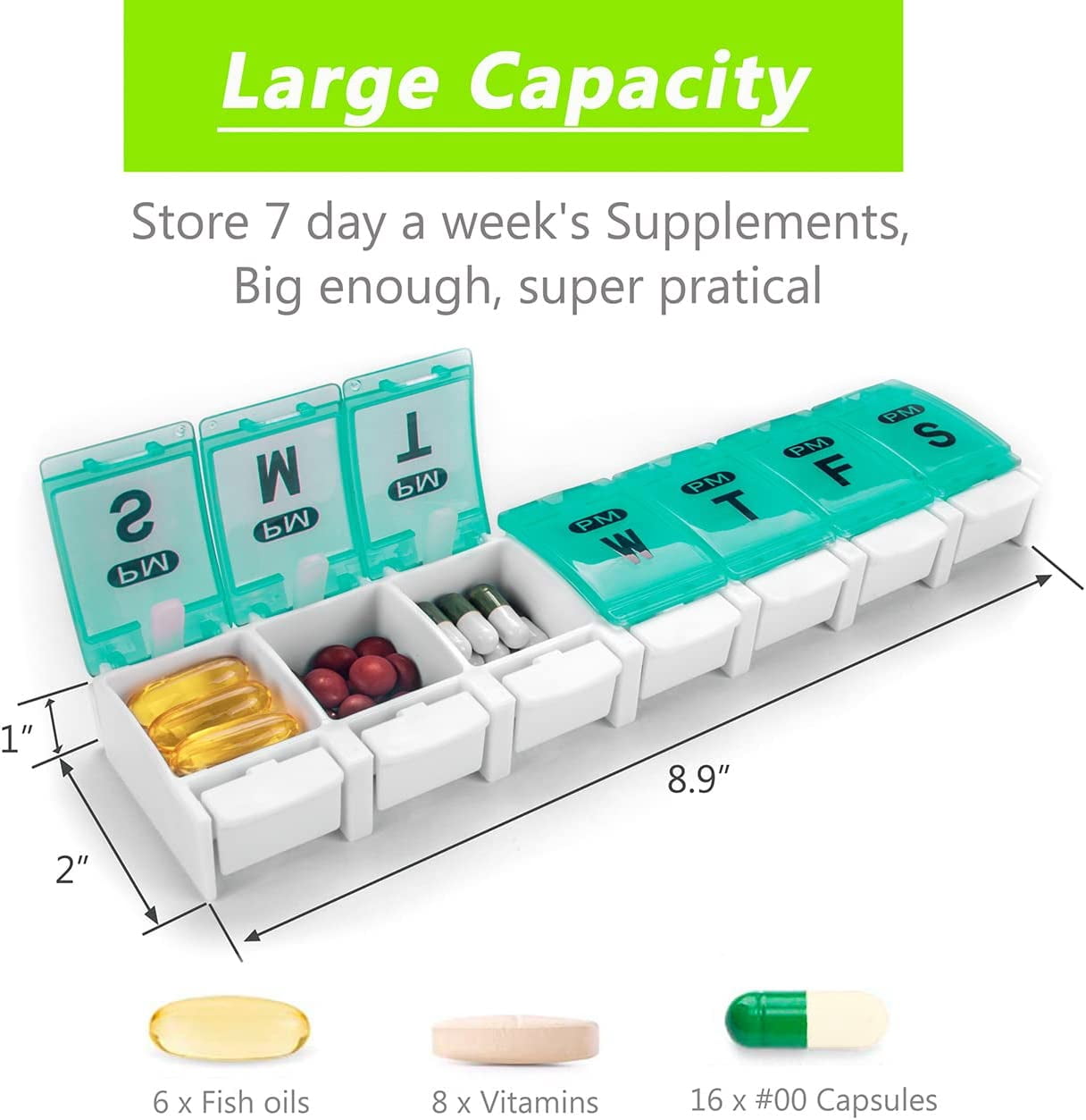 Xlhshop 7 Day AM PM Pill Organizer, 2 Times Daily Large Pill Case, Push Button Pop Open Pill Box, Portable Weekly Medicine Holder for Pills, Vitamins, Fish Oil & Supplements