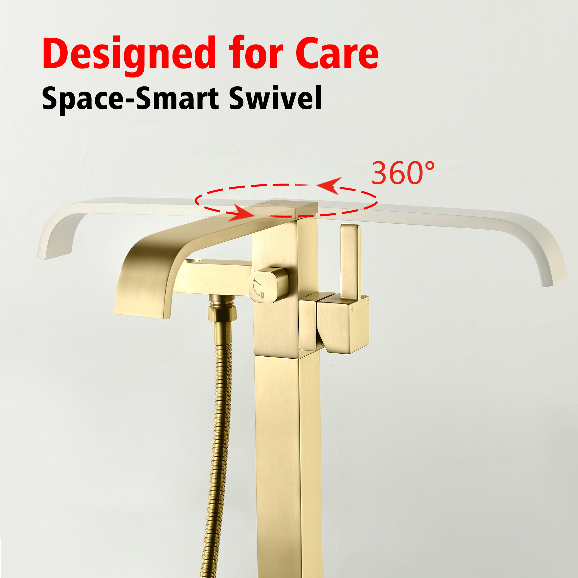 SUMERAIN Bathroom Freestanding Tub Filler Faucet, Brushed Gold Waterfall Floor Mount Bathtub Faucet with Hand Shower, High Flow