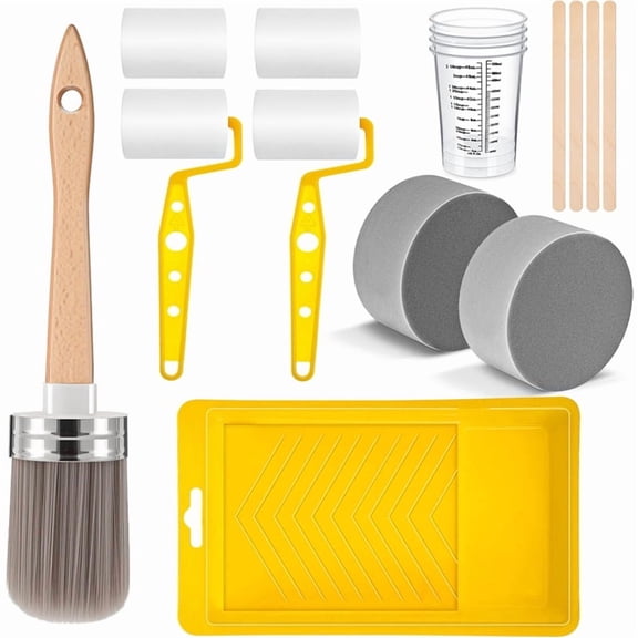 Cabinet Painting Kit - 18-Piece Paint Brush and Roller Set with Cups, Sponge, Tray Liner and Mixing Sticks