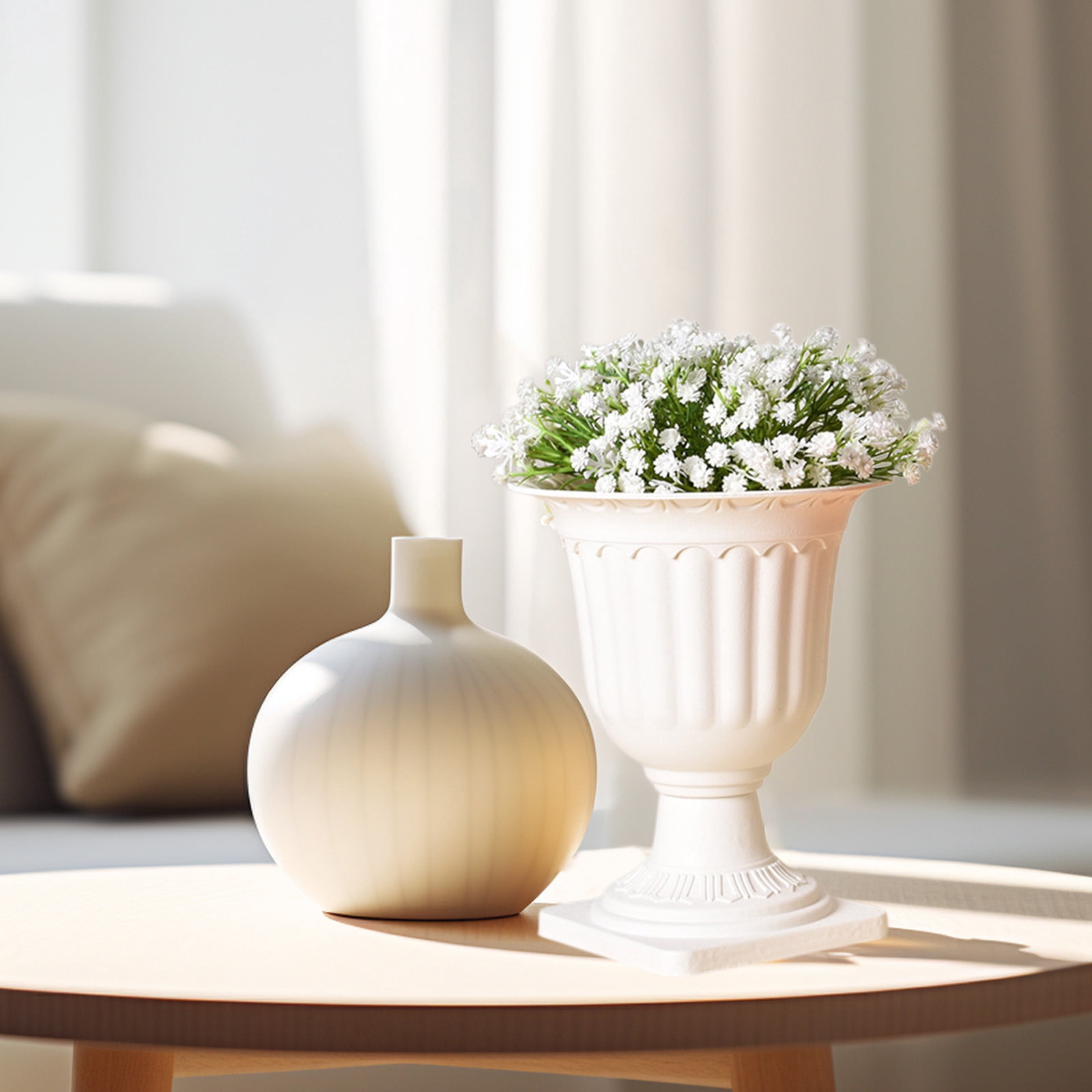 YiJuHui 2pcs Plastic Urn Planters for Outdoor Plants, Tall Round Classic Resin Traditional Flower Pots - Large Imitation Stone Decorative Pot Patio Deck Front Porch