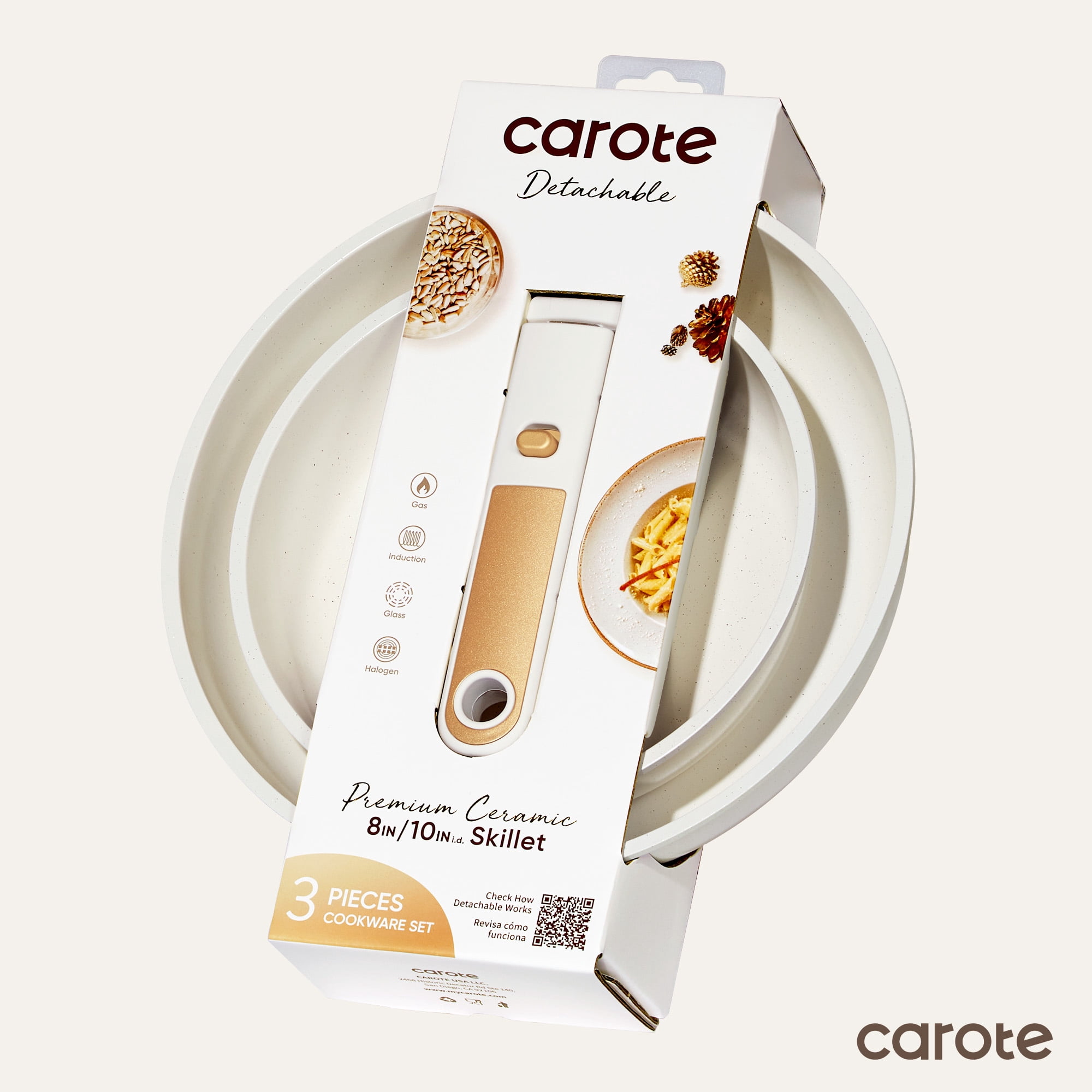 Carote Ceramic Nonstick Detachable Frying Pans Set, 3 Pieces Non Toxic Cookware Set with Induction, Oven/Dishwasher Safe, Easy for Storage, Cream White