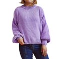 thumbnail image 2 of ManxiVoo Women's Soft Warm Knit Cropped Pullover Sweater Solid Color Crewneck Lantern Sleeve Winter Top M Size Purple, 2 of 5