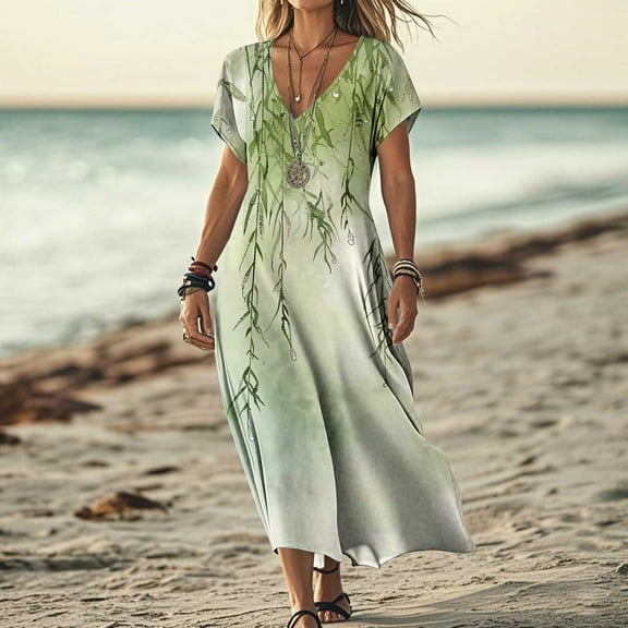 DailyTrove Women's Short Sleeve V Neck Botanical Print Maxi Dress, Nature Inspired Outerwear for Summer Coastal Trips Outdoor Picnics