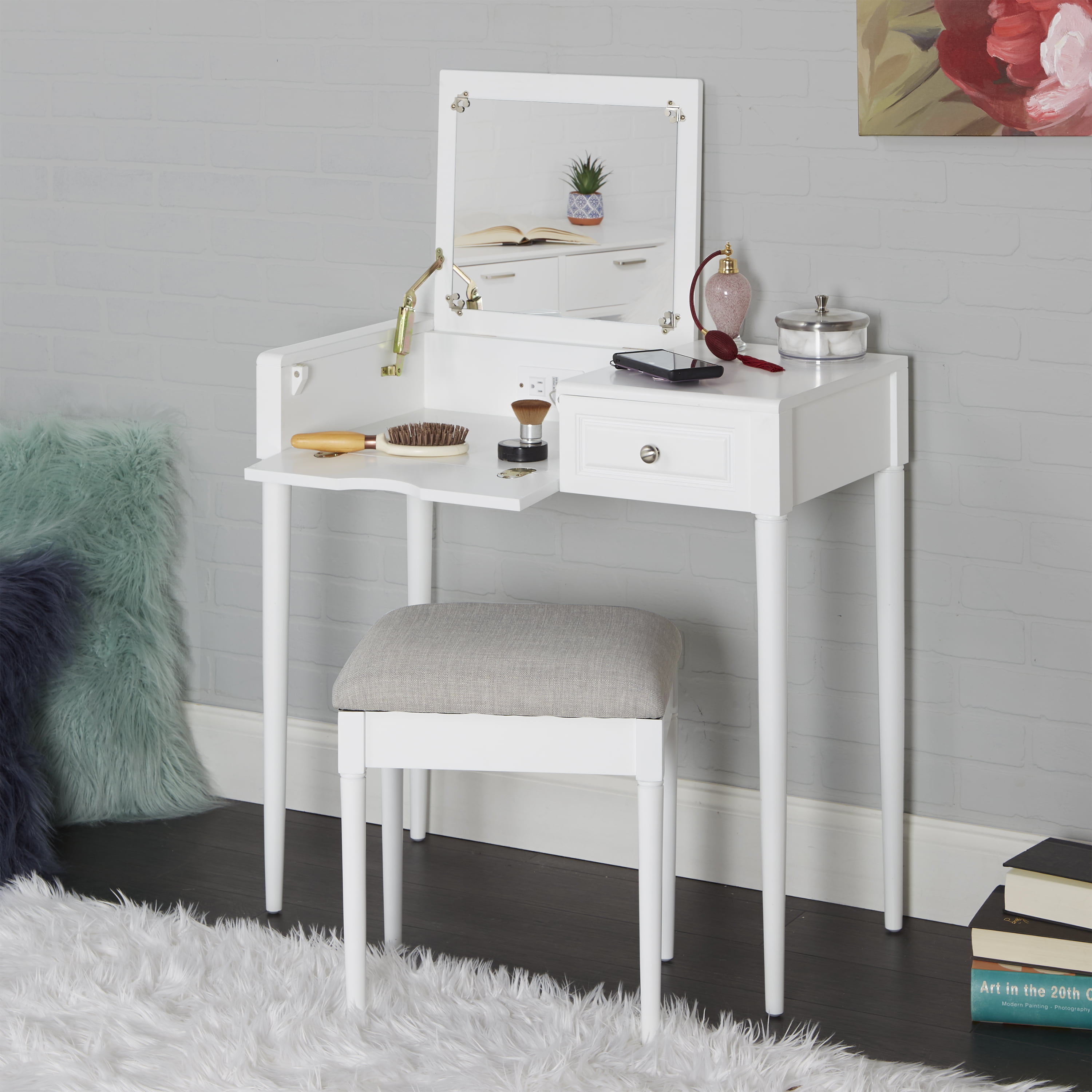Adornments Audrey Usb Powered Vanity Console Desk With Seat White