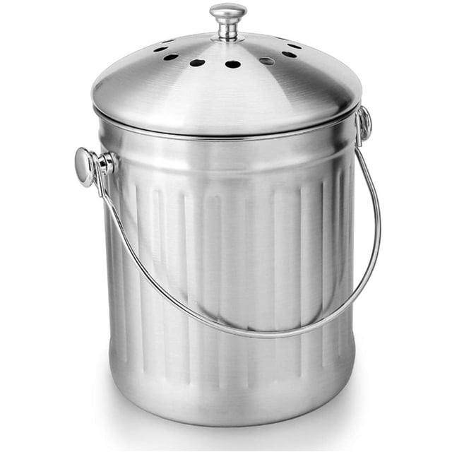 Cubo de compostaje de acero inoxidable sin olor para cocina - Cubo de compostaje de cocina - Incluye filtros de carbón de repuesto (acero inoxidable brillante, 5 litros) TUNC Sencillez