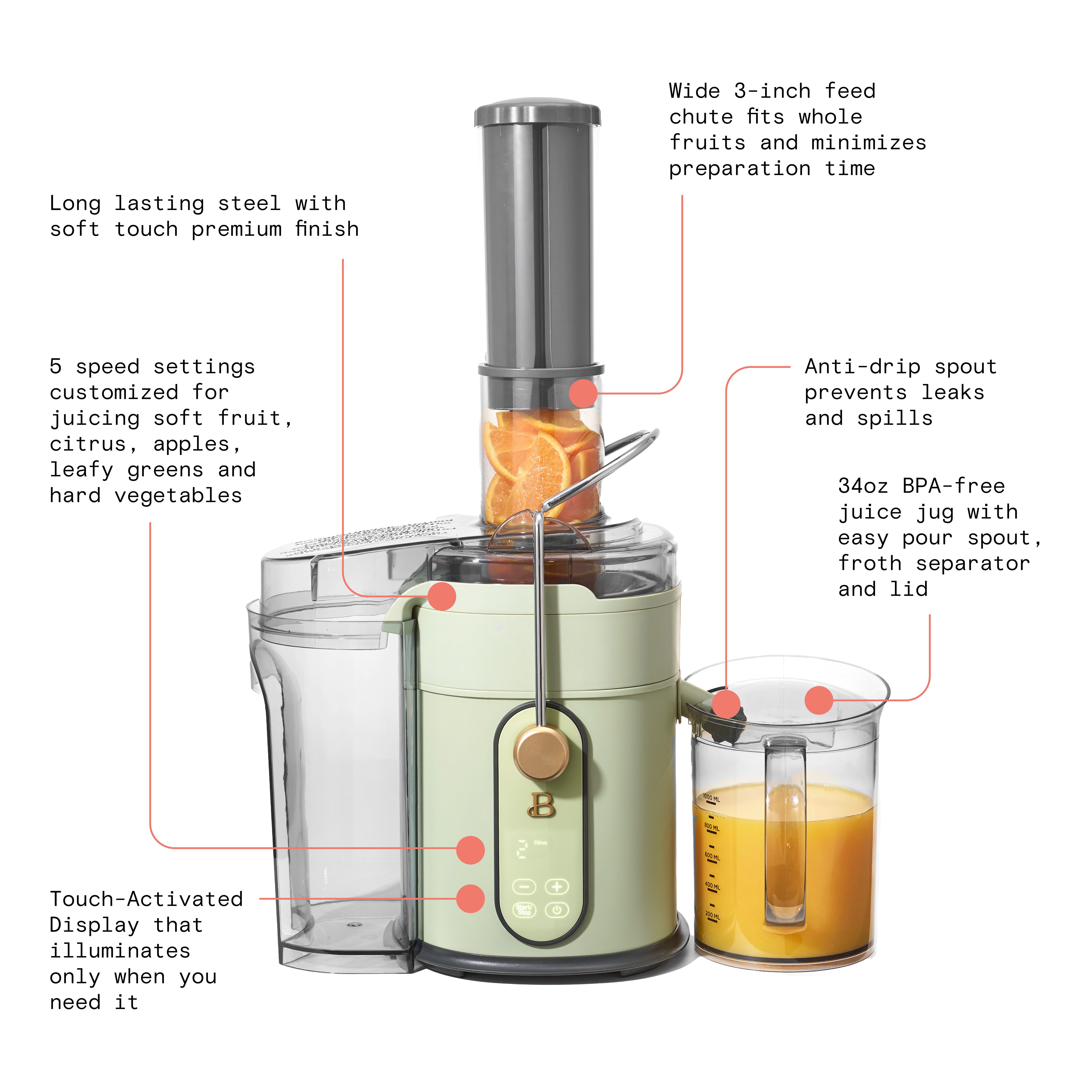 Beautiful 5-Speed 1000W Electric Juice Extractor with Touch Activated Display, Sage Green by Drew Barrymore - image 4 of 11