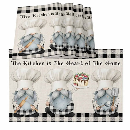 Chef Gnomes Placemats for Dinning Table Set of 4 Black Grey Plaid Cake Cook Dessert Burlap Burlap Kitchen Place Mats Waterproof Cloth Table Mats Indoor Outdoor Placemats Easy Clean Dinner Decor