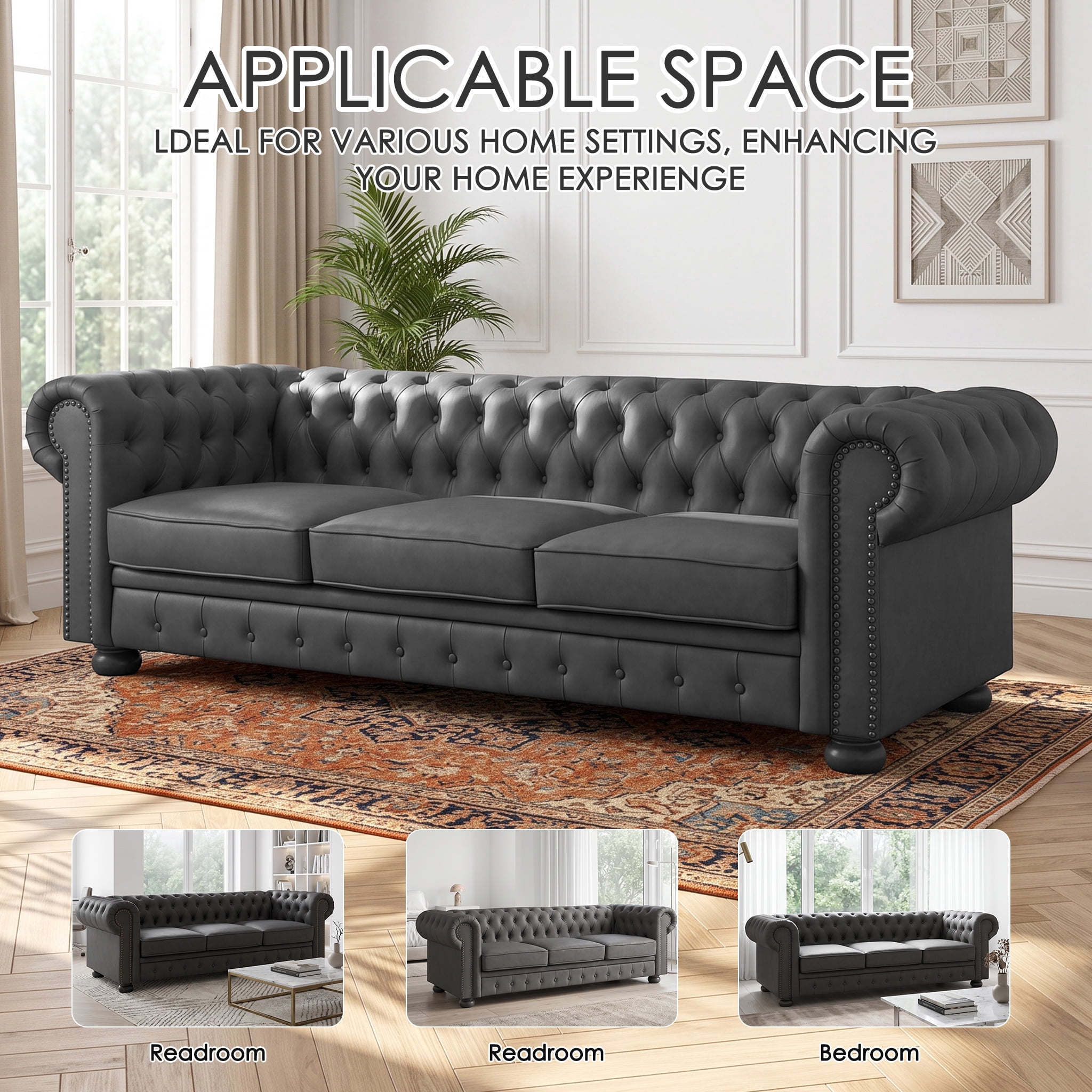 81" Dark Grey Chesterfield Faux Leather Sofa, Rolled Arm 3 Seater Couch, Button Tufted Back, Nailhead Trim, Individual Cushions, Solid Wood Legs for Living Room, Office, Apartment