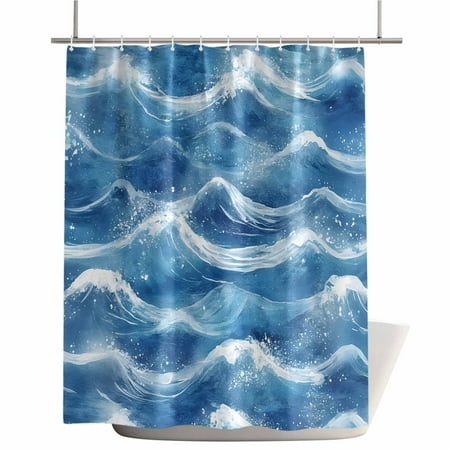 Shower Curtains for Bathroom-72"x72",Watercolor Blue Ocean Sea Waves Waterproof Bath Curtain Grommet Shower Curtain Set with Hooks,Coastal Beach Landscape Washable Bath Accessories