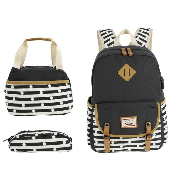 Amazon Com Bagtop School Backpack Set Canvas Teen Girls Bookbags 15 Laptop Backpack Lunch Bags Drawstring Backpack Pen Case Bags Set Black Computers Accessories
