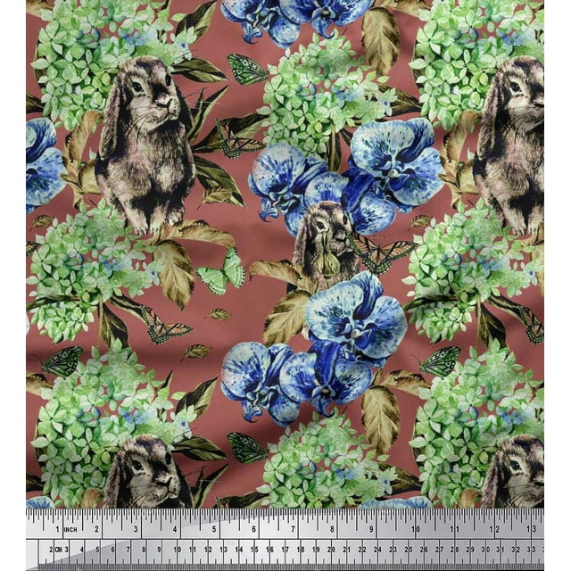 Soimoi Poly Georgette Fabric Rabbit,Lilac & Pansy Floral Printed Fabric 1 Yard 42 Inch Wide