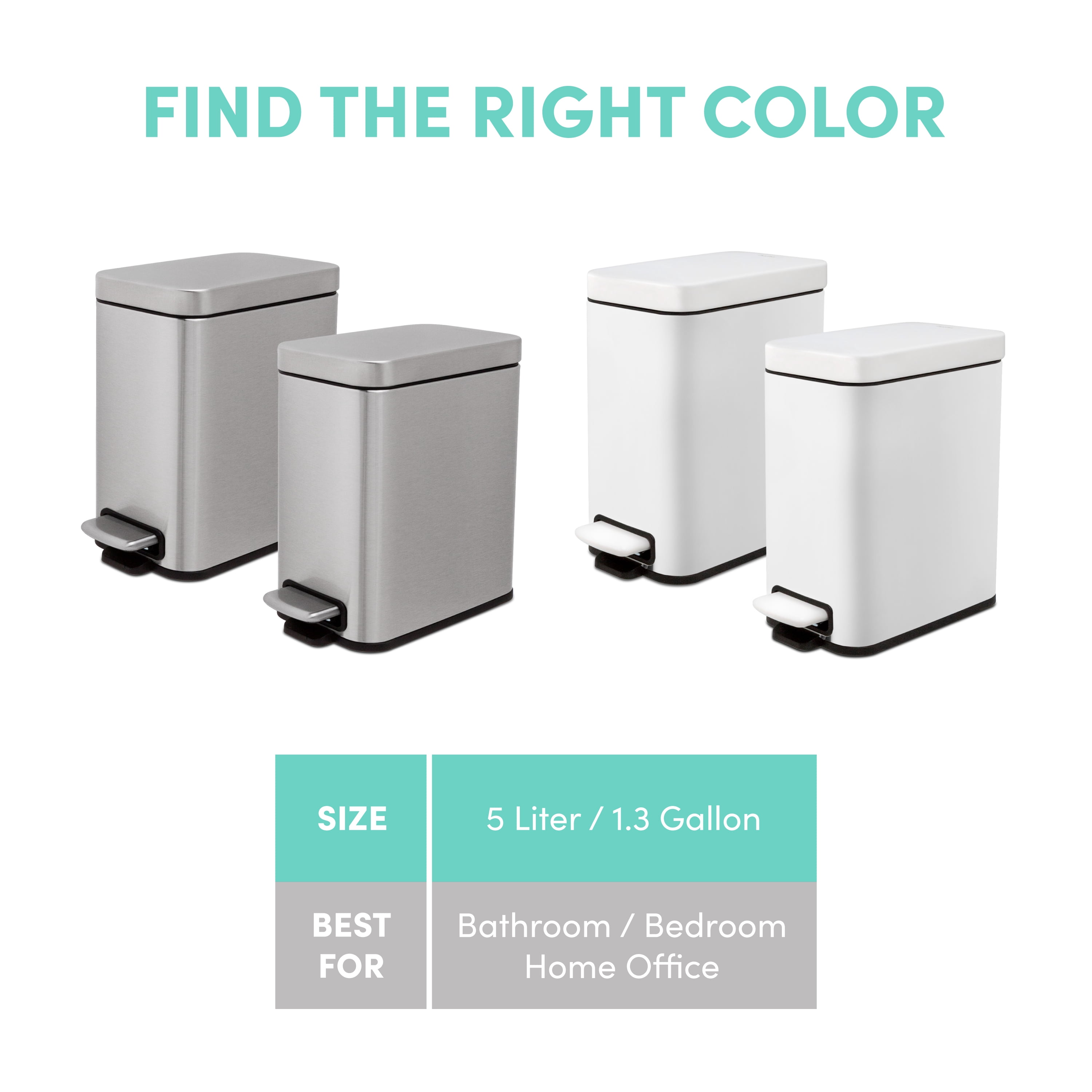 Qualiazero 1.3 Gallon (5L) Stainless Steel Slim Step-On Trash Can "Twin Pack", Soft-Close Lid, Small Bathroom Garbage Bin Set, Silver
