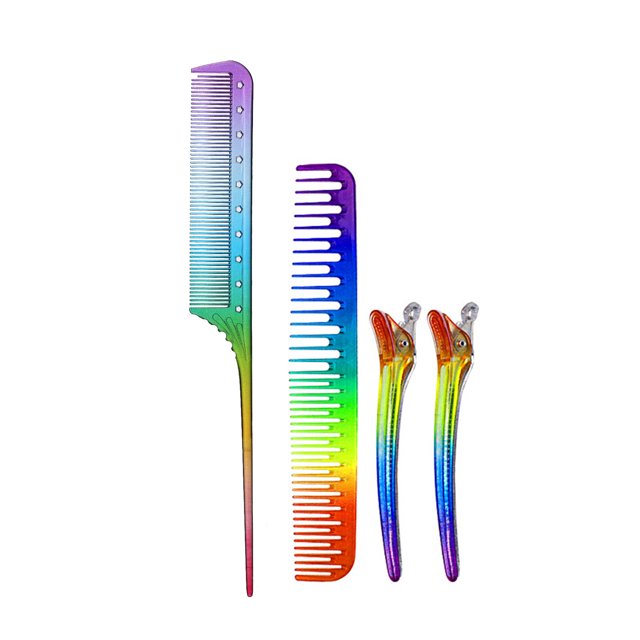 Yeacher 4Pcs/Set Hairdressing Combs Rainbow Massage Comb Set Fine and Wide Tooth Comb Rat Tail Comb with 2PCS Duckbill Clips
