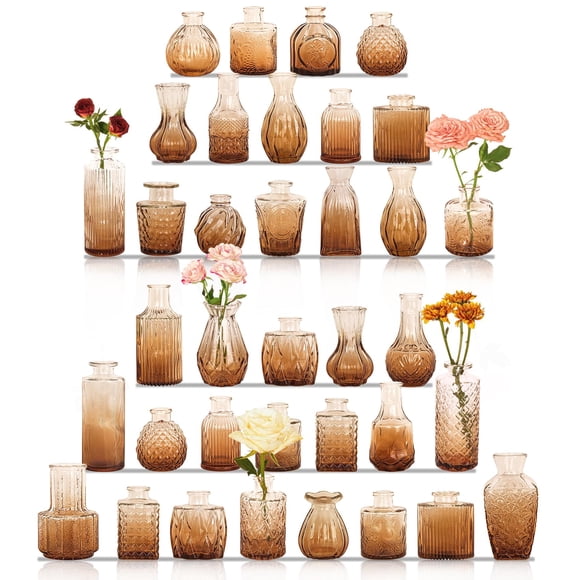 36Pcs Bud Vases Set Small Vintage Glass Bottles Bud Vases in Bulk Multiple Shape Cute Glass Vases for Rustic Wedding Centerpieces