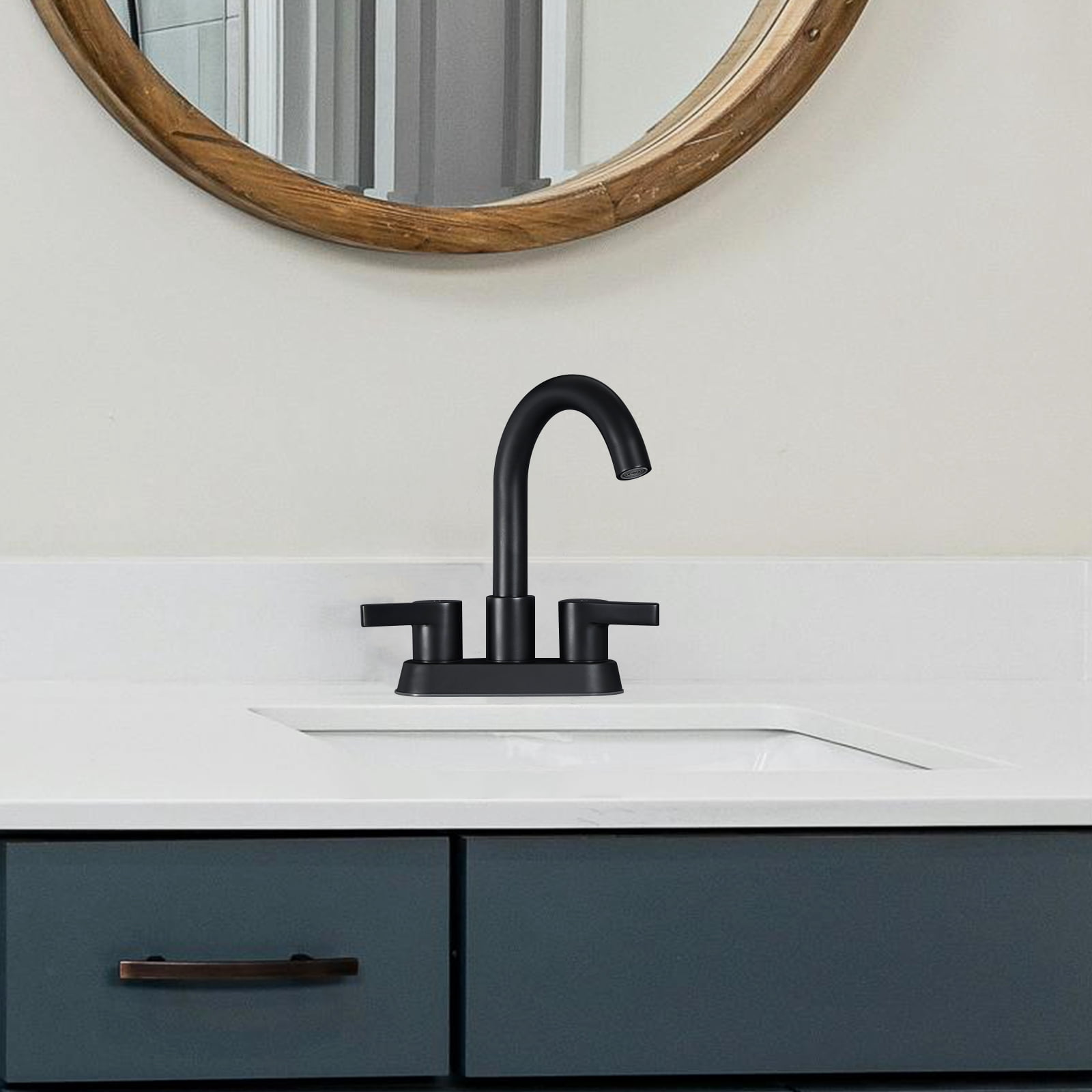 Cobbe Matte Black 4 Inch Centerset Bathroom Faucet, Bathroom Vanity Lavatory Faucets for Sink 3 Hole 2 Handle, Swivel Spout with Brass Drain Assembly