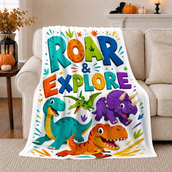Roar and Explore Dinosaur Quote, Cheerful Whimsical Style for Dinosaur Lovers, Playful Dino Adventure and Birthday Gift, Cozy Flannel Blanket for Playroom and Bedroom, Home Decor