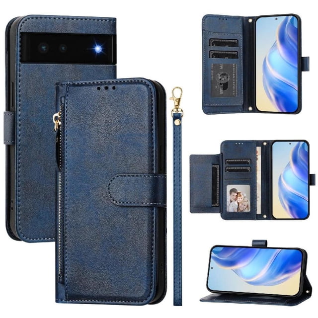 Filp Case for Google Pixel 6 Zipper Pocket Magnetic Flip Wallet Phone Case with 7 Card Slots and Wrist Strap