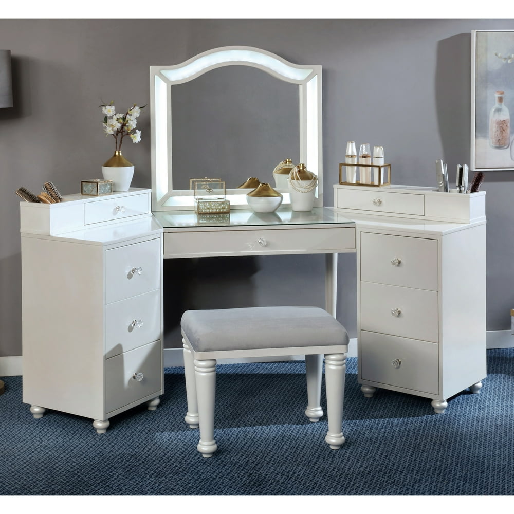 Furniture of America Urman LED 3Piece Vanity Set, Glossy White
