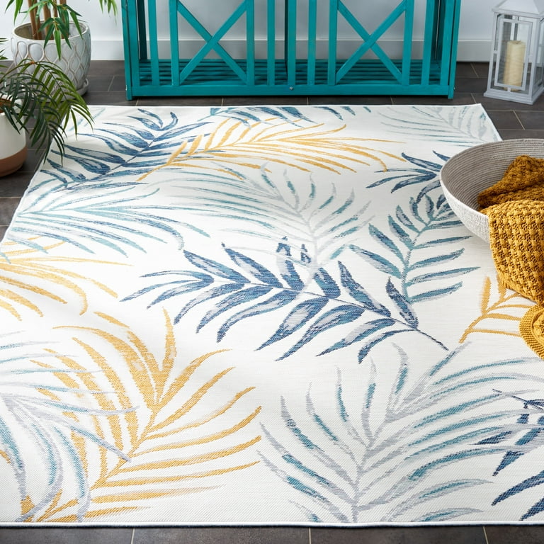 2' X 10' Ivory And Blue Floral Indoor Outdoor Area Rug