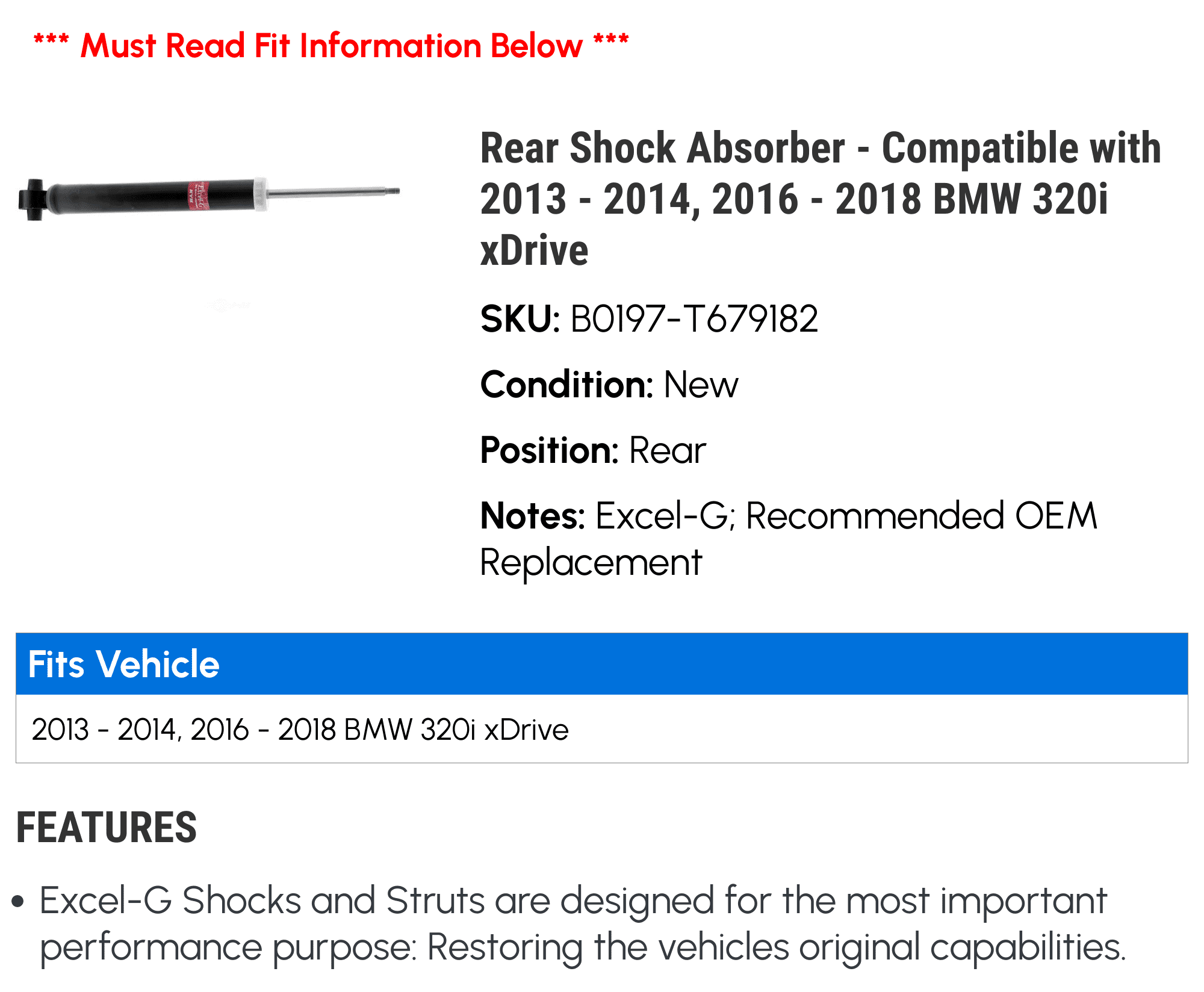 Rear Shock Absorber - Compatible with 2013 - 2014, 2016 - 2018 BMW 320i xDrive 2017