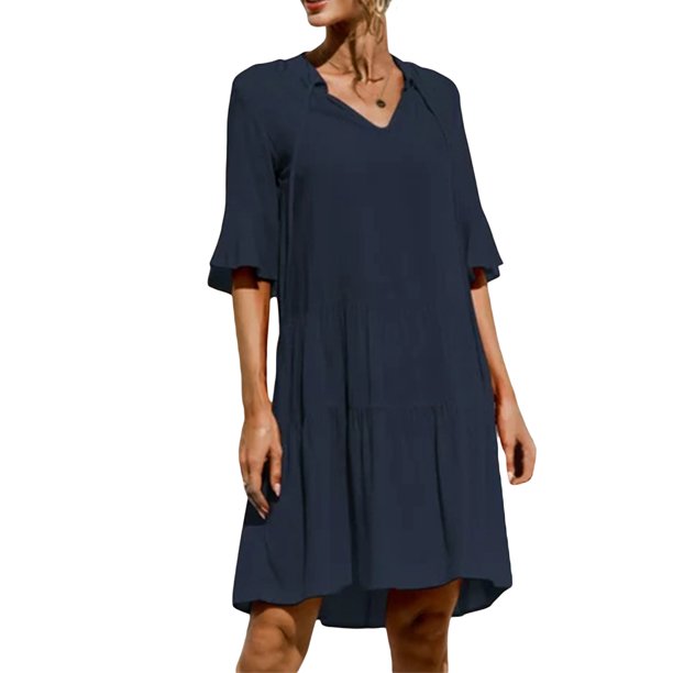 Vestido corto de verano en línea A para mujer Color sólido/impresión floral Vestido de manga corta y cuello en V Nituyy Vestido pastel estampado de mujer con cuello en V
