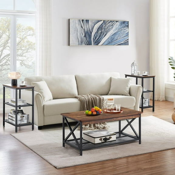 VECELO 3-Piece Coffee Table Sets for Living Room, Occasional Cocktail Table and 2 End Table, Brown