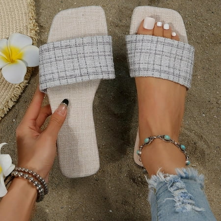 

SUODUI Women s Slippers Ladies Fashion Summer Plaid Cloth Open Toe Square Head Flat Bottom Slippers Gray 7