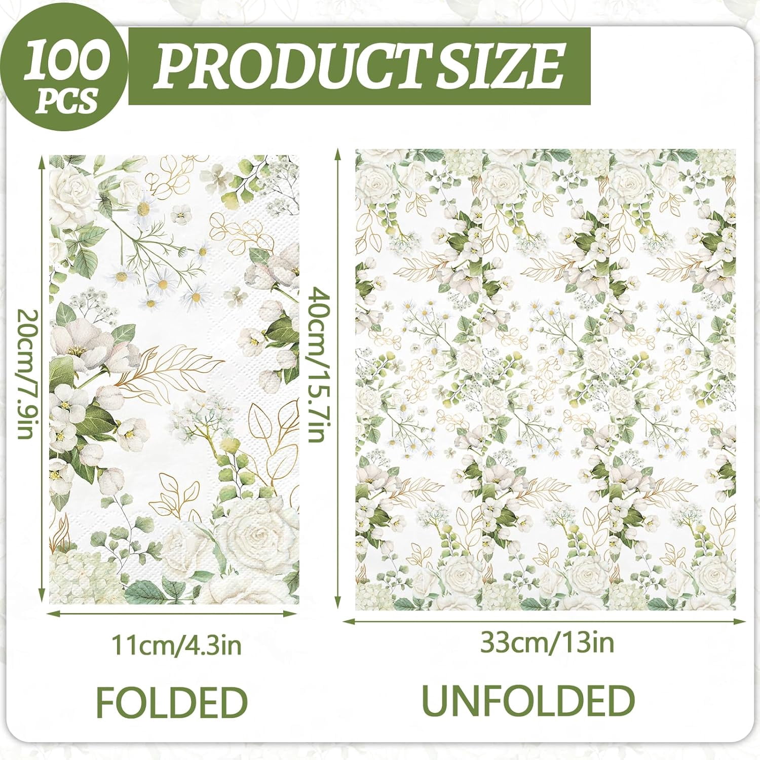 100 PCS White Floral Paper Napkins 3 Ply Disposable Hand Towels for Bathroom Spring Flowers Guest Napkins Greenery Floral Dinner Napkin Decor for Wedding Bridal Baby Shower Birthday Tea Party